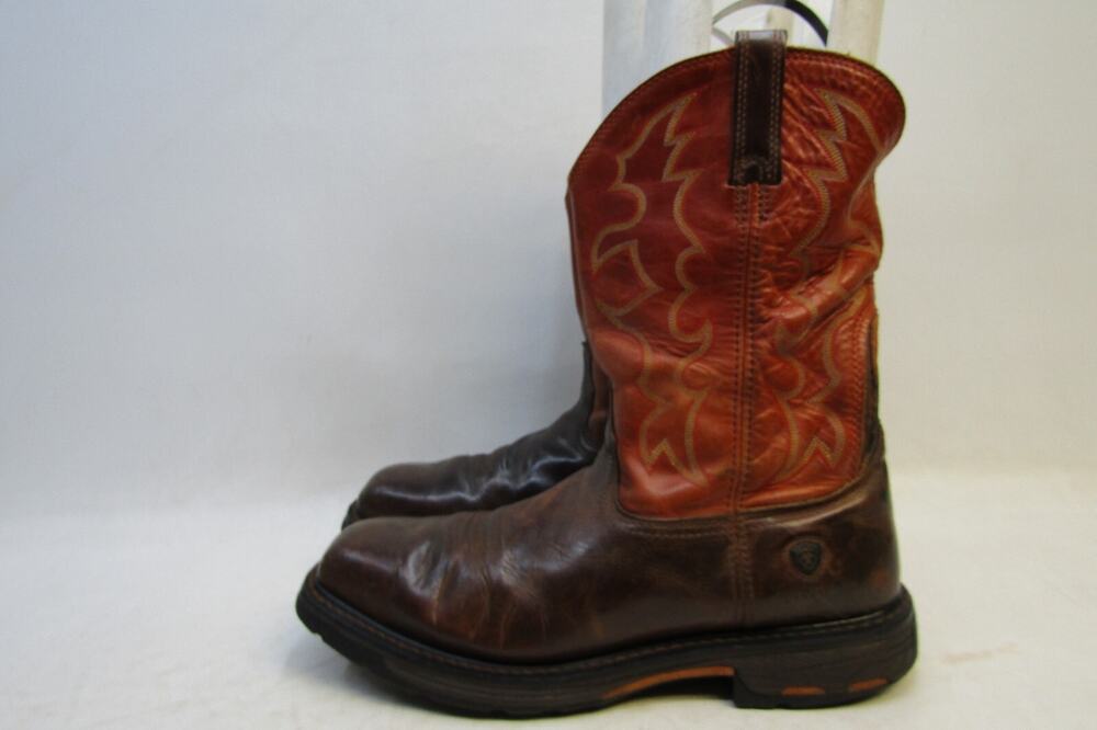 Ariat Mens Sz 13 D Brown Orange Leather Steel Toe Cowboy Square Toe Work Boots